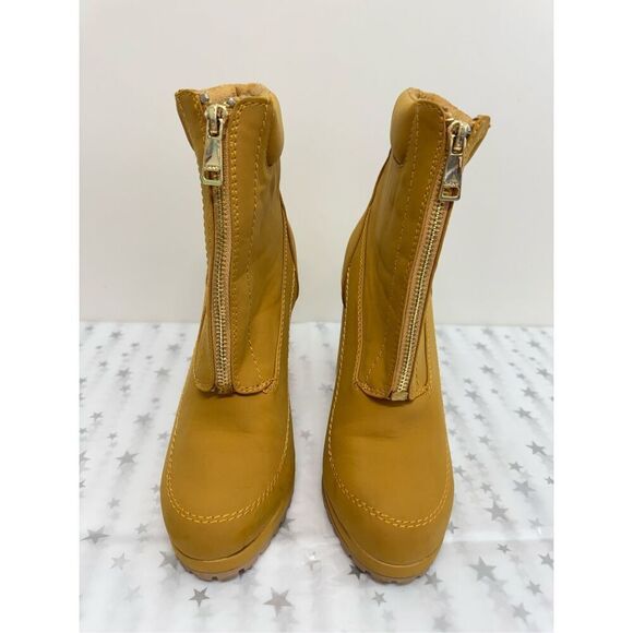 DKNY Booties Size 7.5 Mustard Block Heel Lug Sole Front Zip Boots - Picture 5 of 11